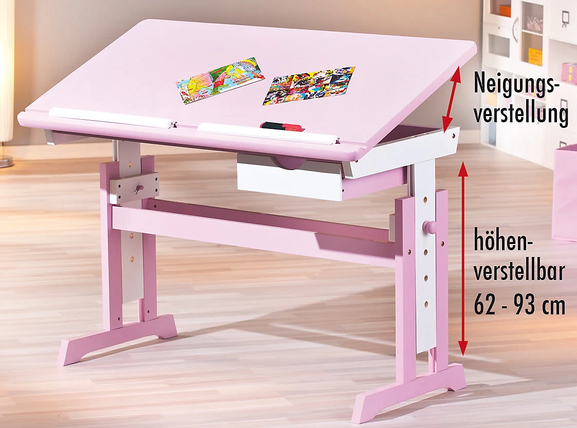 ABC Schreibtisch TITJE, Höhenverstellbar, Rosa/weiß 4 ABC Schreibtisch TITJE, Höhenverstellbar, Rosa/weiß – Bild 2