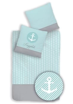 Bettwäsche-Set Renforce "Anker Liegeplatz" In Mint / Grau (2-teilig)